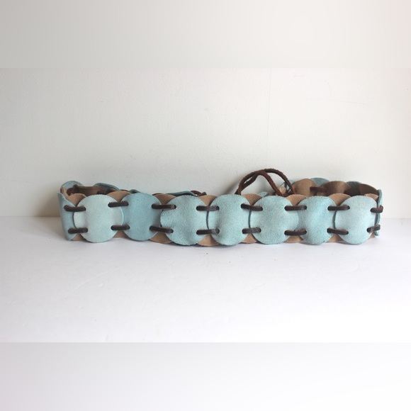 Vintage Wide Tan and Blue Suede Leather Tie Belt with Long Fringe Reversible S M - Picture 3 of 9